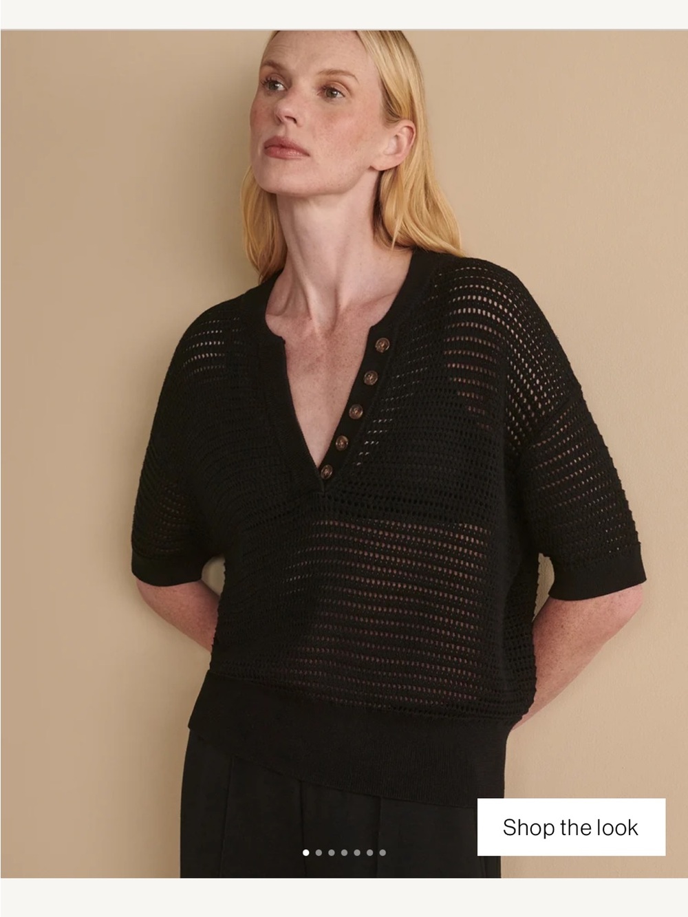 Varley Black Open-Knit V-Neck Button Sweater